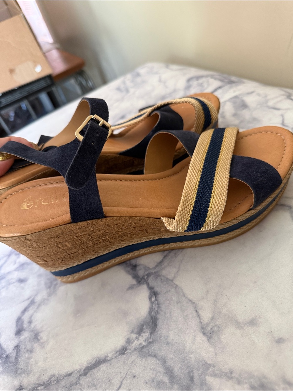 Women’s Navy and Tan Wedge Sandals with Striped Front Strap